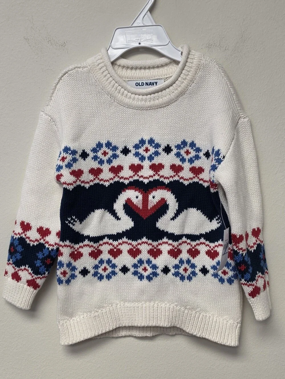 Old Navy Heart Swan Pullover Tunic Cotton Sweater Cream Red Blue 2T